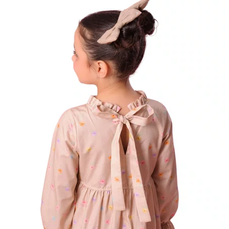 Vestido Midi Algodão Babadinho Floral Bege Pituchinhus
