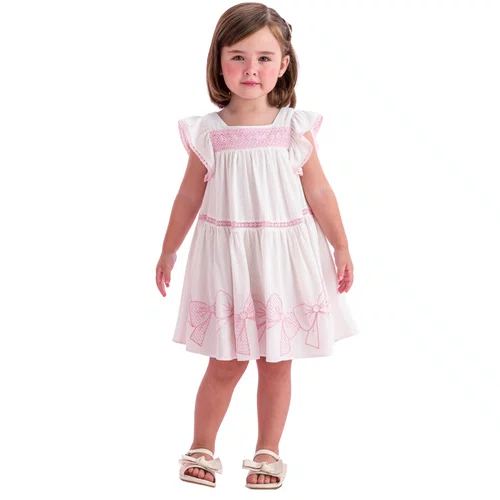 Vestido Off White Laços Bordados Rosas Petit Cherie