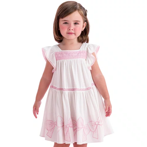 Vestido Off White Laços Bordados Rosas Petit Cherie