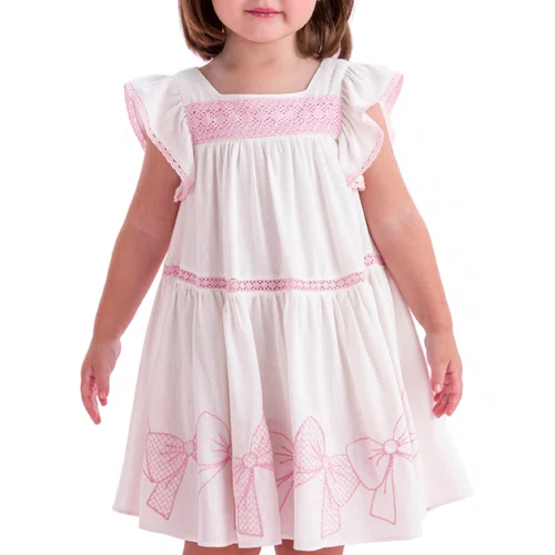 Vestido Off White Laços Bordados Rosas Petit Cherie
