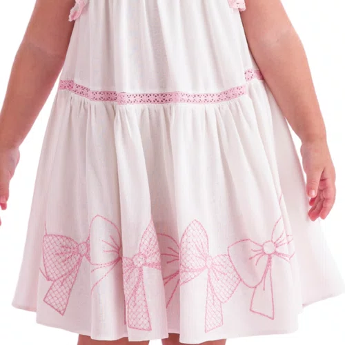 Vestido Off White Laços Bordados Rosas Petit Cherie