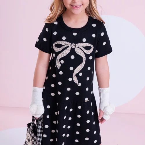 Vestido Tricot Poá Maxi Laço Preto Pituchinhus