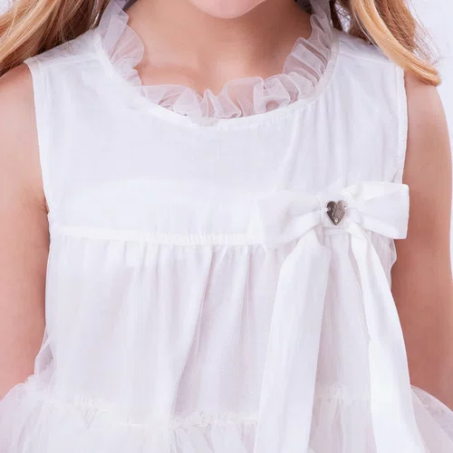 Vestido Tule Camadas Babado Laço Off White Pituchinhus