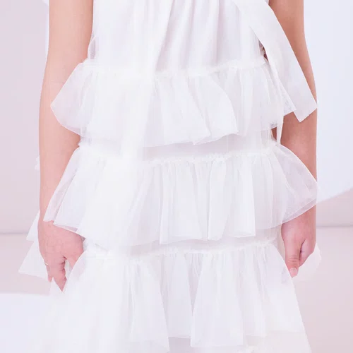 Vestido Tule Camadas Babado Laço Off White Pituchinhus