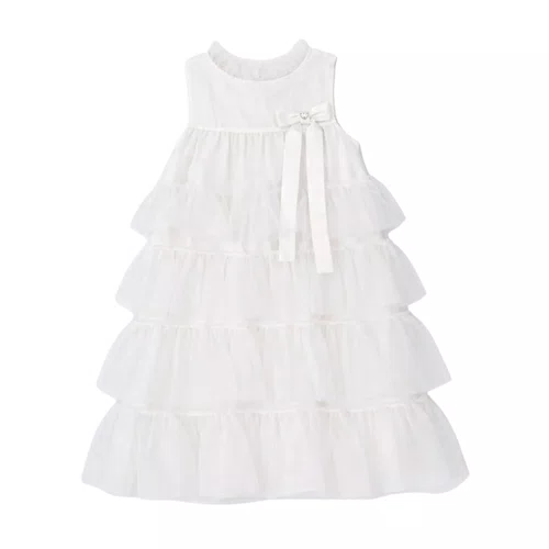 Vestido Tule Camadas Babado Laço Off White Pituchinhus
