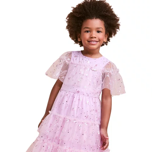 Vestido Tule Corações Rosa Claro Brilho Anime