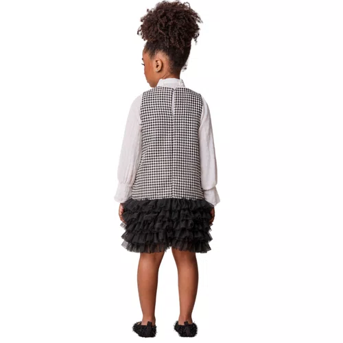 Vestido Tweed Peid Poule Perto e Branco Babado Tule Anime