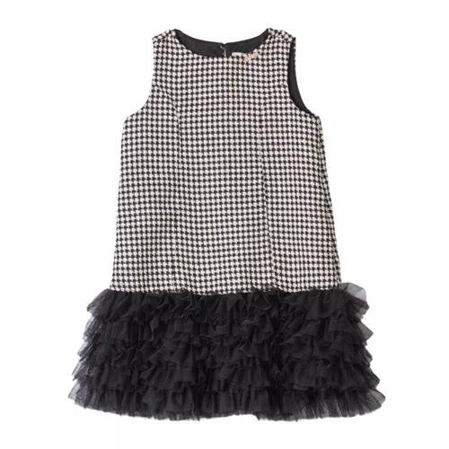 Vestido Tweed Peid Poule Perto e Branco Babado Tule Anime