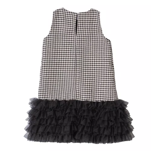 Vestido Tweed Peid Poule Perto e Branco Babado Tule Anime
