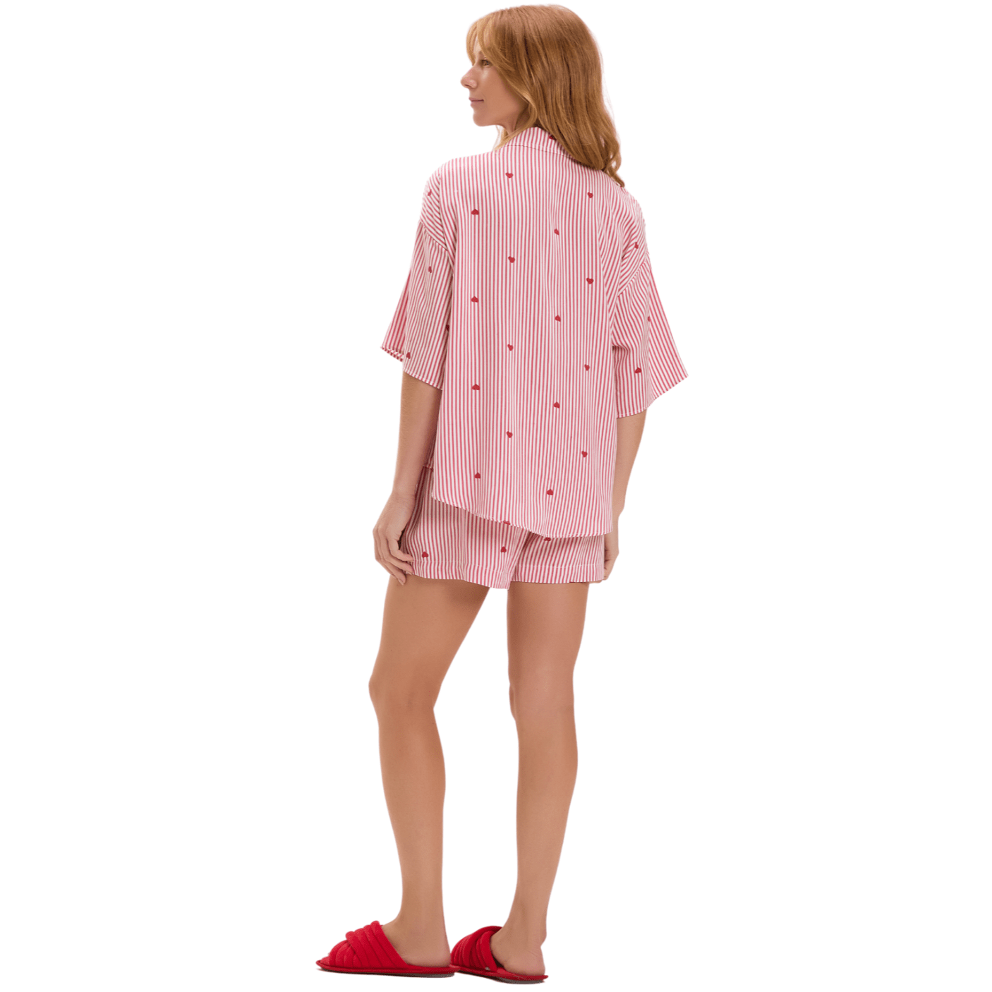 Pijama Curto Americano Listras e Coraçoes Cor Com Amor