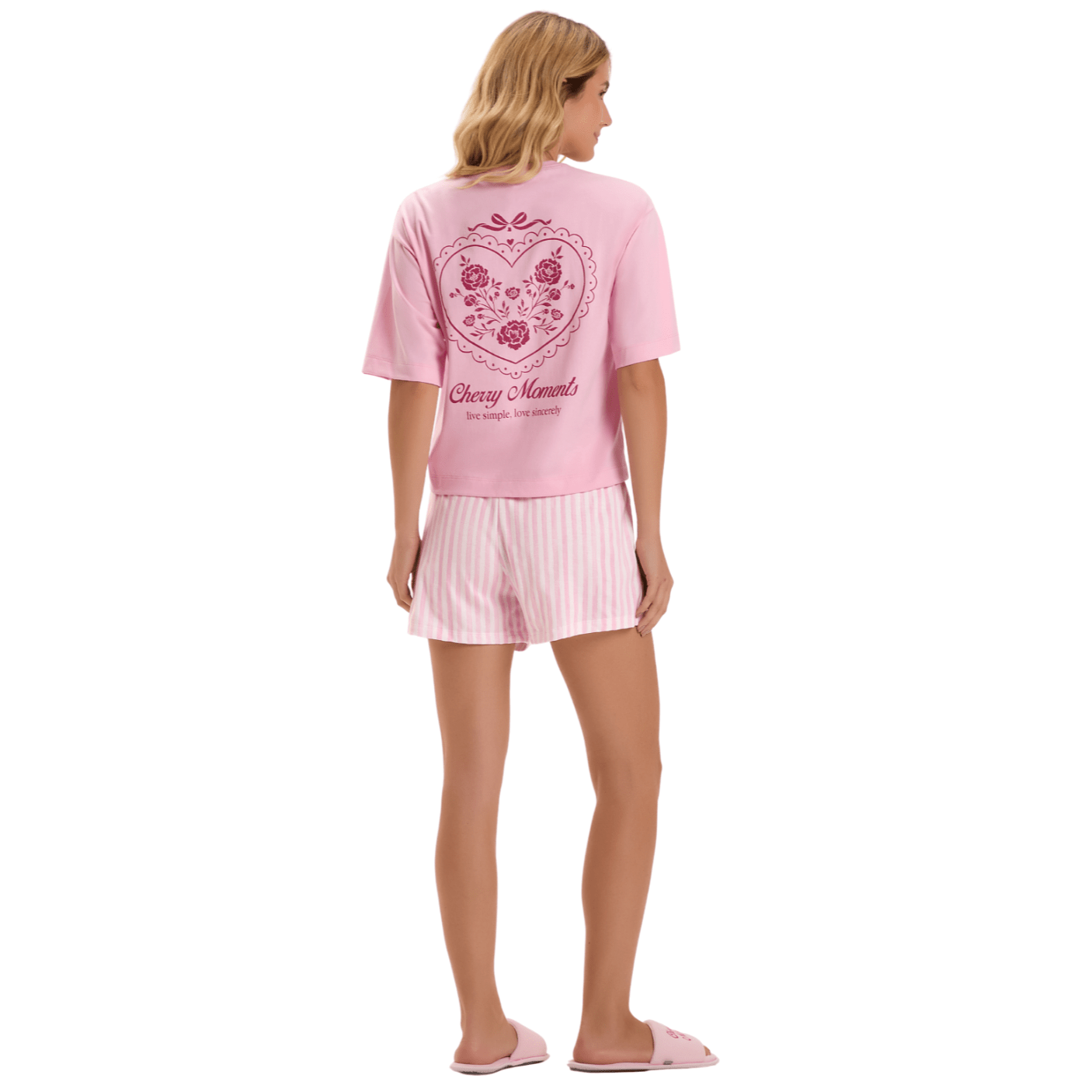 Pijama Curto Rosa Cerejinha Listra Cor Com Amor