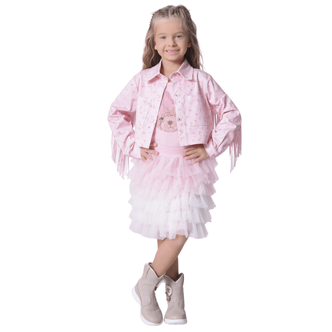 Saia Short Babados Tule Bicolor Rosa Pituchinhus