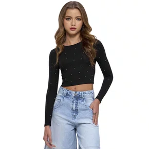 Blusa Cropped Manga Longa Preto Cristais Vanilla Cream