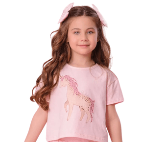Blusa Cropped Rosa Unicornio Cristais Pituchinhus