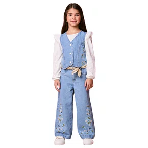 Calça Jeans Bordado Flores Momi