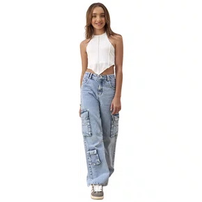 Calça Jeans Wide Cargo Clara Vanilla Cream