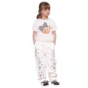 Calça Sarja Baggy Ursinhos e Laços Off White Pituchinhus