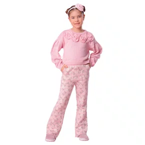 Calça Tricot Flare Floral Rose Pituchinhus