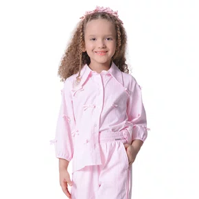 Camisa Algodão Listrada Mini Lacinhos Rosa Pituchinhus