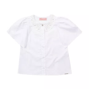 Camisa Tricoline Gola Renda Bordada Branco Pituchinhus