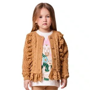 Casaco Cardigan Tricot Caramelo Com Renda Anime