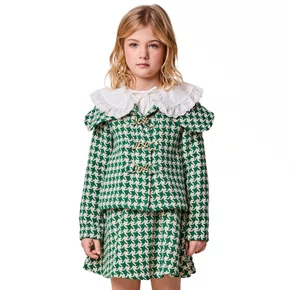 Casaco de Tweed Maxi Gola Xadrez Verde e Bege Anime