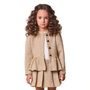 Casaco de Tweed Peplum Xadrez Caramelo e Bege Anime