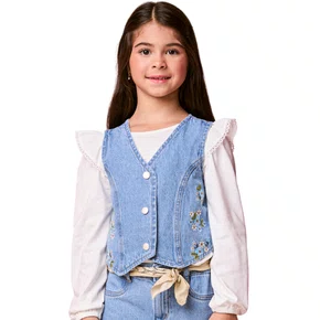 Colete Jeans Bordado Flores Momi