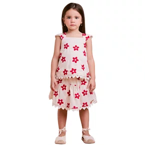 Conjunto Bege Bordado Flores Vermelhas Anime