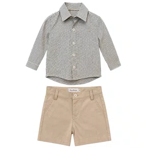 Conjunto Camisa Xadrezinho e Bermuda Bege Giverny Primo Bambino