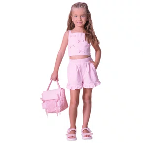 Conjunto Cropped e Short Tricoline Xadrez Lacinhos Rosa Pituchinhus
