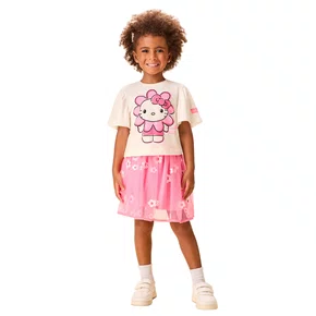 Conjunto Hello Kitty Saia Tule Bordado Flores Rosa Neon Momi