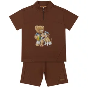 Conjunto Infantil Blusa e Bermuda Teddy Frescobol Chocolate Dame