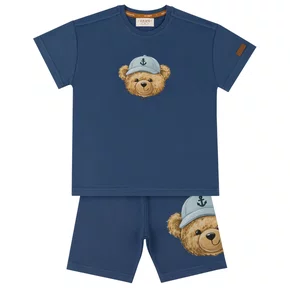 Conjunto Infantil Blusa e Bermuda Teddy Rosto Navy Dame