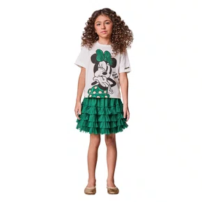 Conjunto Minnie Laço Verde Strass Saia de Tule Babados Anime