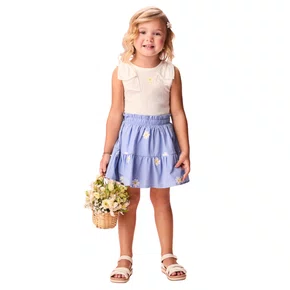 Conjunto Saia Margaridas Off White e Azul Momi