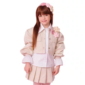 Jaqueta Sarja Manga Bufante Bege Flores Pituchinhus