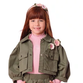 Jaqueta Sarja Verde Flores Croche Pituchinhus