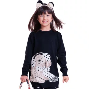 Maxi Blusa Tricot Cachorrinho Cristais Preto Pituchinhus