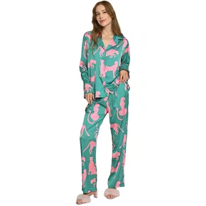 Pijama Cetim Longo Onça Verde Miss Victtoria