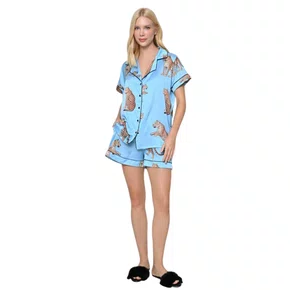 Pijama Curto Cetim Fluorita Onça Azul Miss Victtoria
