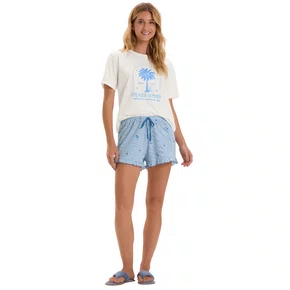 Pijama Curto Coqueiro Listras Azul Babado Cor Com Amor