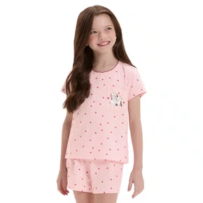 Pijama Curto Infantil Menina Corações Cat e Dog Cor Com Amor