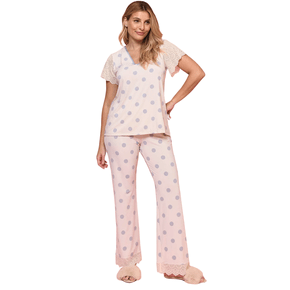 Pijama Decote V Bege Poas Azuis Miss Victtoria