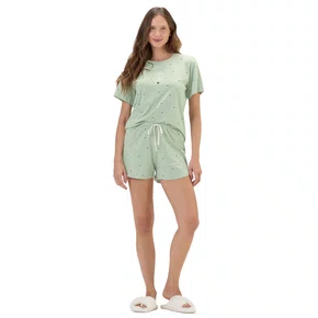 Pijama Feminino Curto Poás e Corações Verde Cor com Amor