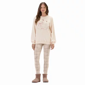 Pijama Feminino Moletinho Flanelado Ursos Abraço Cor com Amor