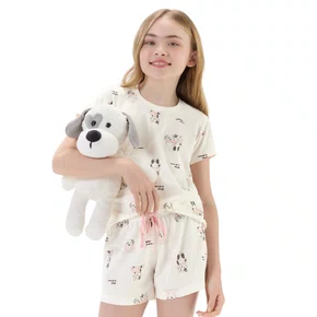 Pijama Infantil Curto Branco Cat e Dog Cute Cor Com Amor