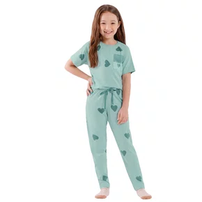 Pijama Infantil Manga Curta e Calça Verde Corações Cor Com Amor