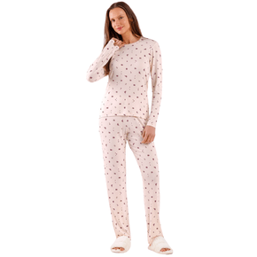 Pijama Longo Canelado Floral Rosas Cor Com AMor