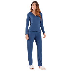 Pijama Longo Canelado Marinho Cor Com Amor